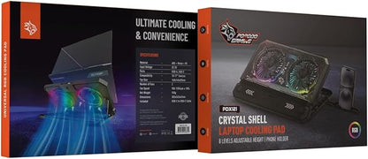 Gaming Crystal Shell Laptop Cooling Pad with Phone Holder, Dual High-Speed Fans, 8-Level Adjustable Height, RGB Lighting, Anti-Slip Base, USB-A & USB-C Ports – Black (for 10-17” Laptops)