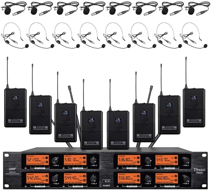 wenwen Wireless Microphone System Pro Audio 8 Channel UHF 8 Lavalier Bodypacks 8 Lapel Mic 8 Headsets for Karaoke System Meeting Church Speaking Conference Wedding Party Frequency B