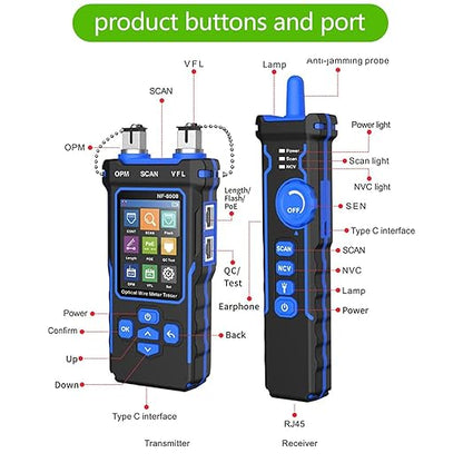 NOYAFA NF-8508 Network Cable Tester with 7 wavelength Optical Power Meter VFL,RJ11 RJ45/PoE Tester/CAT5 CAT6/NCV with 10mw Visual Fault Locator,Network Tool with Lithium Battery