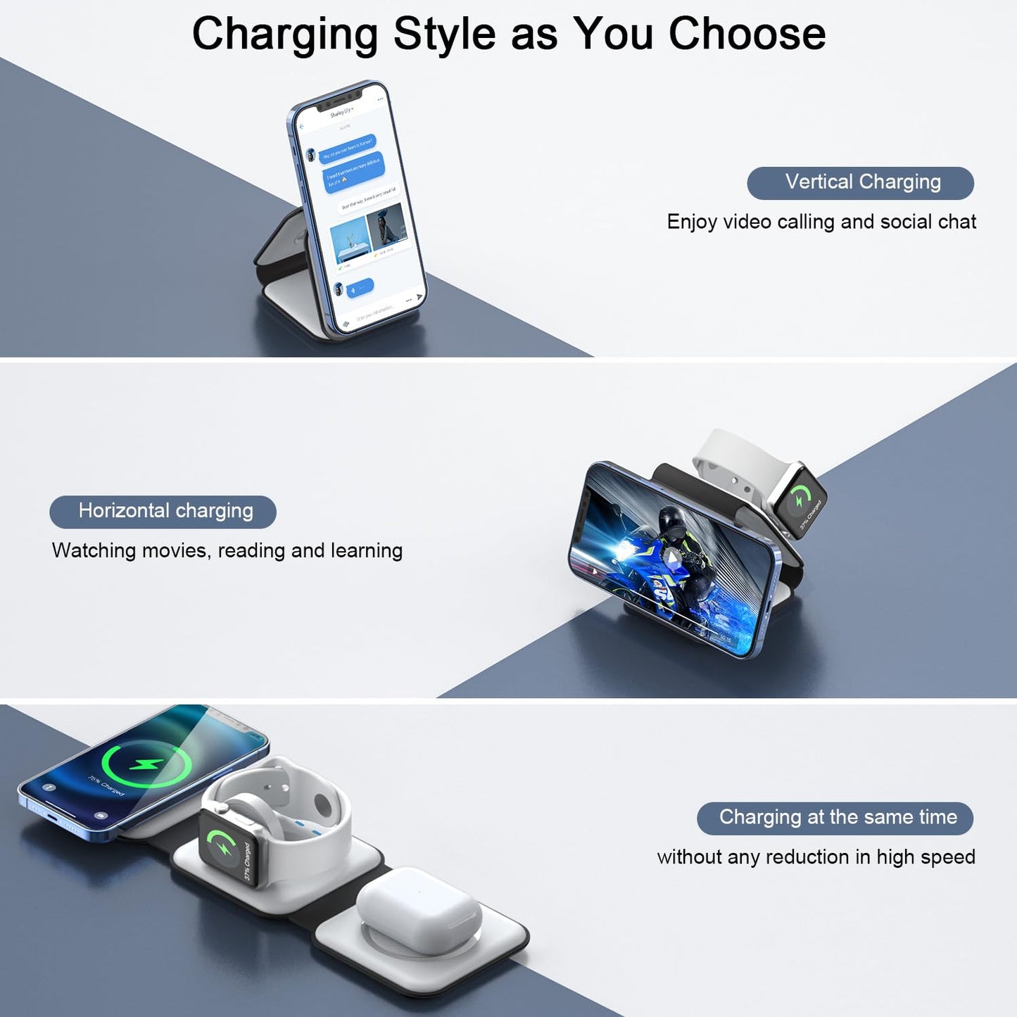 Wireless Charger 3 in 1,RTOPS Magnetic Traval Wireless Charging Station Multiple Devices,GaN 3 in 1 Charging Station,Compatible iphone17/16/15/14/13/Pro/Max,iWatch,AirPods4/3/2/Pro(Adapter Includes)
