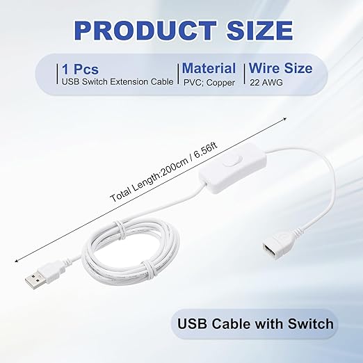 MECCANIXITY USB Extension Cable with ON/Off Toggle Switch 2m USB Male to Female Extension Cord for Desk Lamp Fan LED Light Strip White Pack of 1