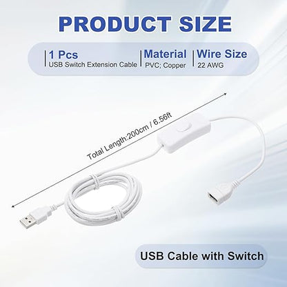 MECCANIXITY USB Extension Cable with ON/Off Toggle Switch 2m USB Male to Female Extension Cord for Desk Lamp Fan LED Light Strip White Pack of 1