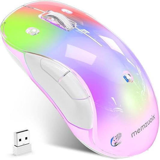 memzuoix 2.4G LED Wireless Mouse, Rechargeable Ergonomic Mouse with Detachable Cover, 1400 DPI Portable Optical Computer Mouse with USB Receiver for Laptop, PC, Desktop and MacBook, 5 Buttons-Pink
