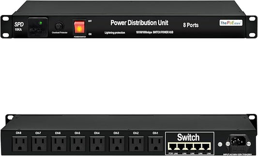 1U PDU Rack Mount Power Surge Protection, 8 NEMA 5-15R Outlets & 5-Port Gigabit Ethernet Switch, 100-250V 15A 3600 Joules, w/10KA SPD Lightning & 6ft Cord, ETL Listed