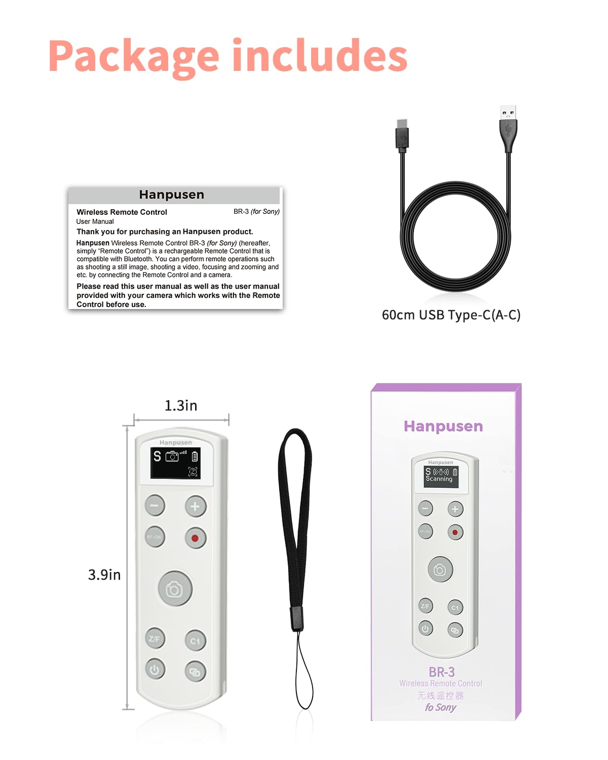 Hanpusen Rechargeable Camera Remote Control for Sony - Wireless Shutter Release with OLED Screen compatiable with ZV-1F,ZV-1II,ZV-1,ZV-E10II,ZV-E10,A6100,A6400,A6600,FX30,FX3;Replace Sony RMT-P1BT