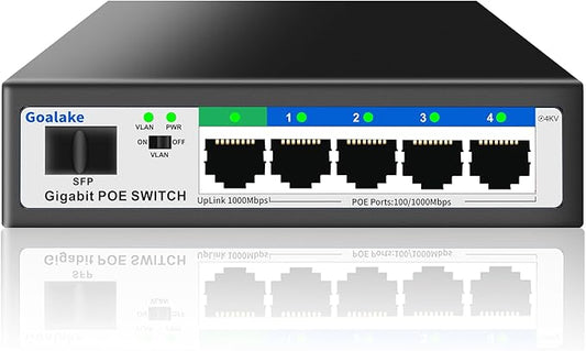 Goalake 6-Port Gigabit PoE+ Switch, 4 PoE Ports 52W, 1 Uplink + 1 SFP Slot, Easy Smart Managed via Web/App, Fanless Metal, Plug & Play, VLAN, QOS, Overload Protection, for Home Office