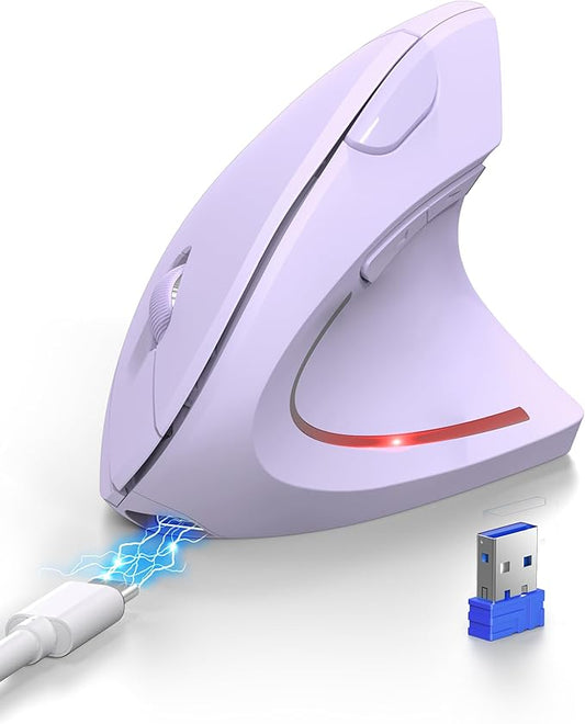 TECKNET Ergonomic Mouse, Rechargeable 2.4G+Bluetooth Vertical Mice 6 DPI Adjustable, Wireless Optical Carpal Tunnel Mouse Right Hand, Multi Device for Laptop, PC, Computer, MacBook - Light Purple
