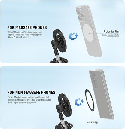 NEEWER Magnetic Flexible Phone Tripod Compatible with Magsafe iPhone 15 Pro Max 14 Series Android, Mini Vlog Cellphone Tripod Stand with Ball Head for Stroller Bike Motorcycle Tube Round Objects, TP33