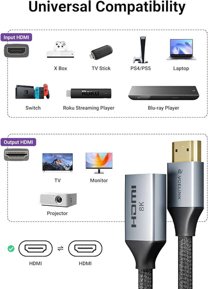 8K Short HDMI Extender Cable 0.6 FT Ideal for Tight Spaces, HDMI Extension Male to Female Adapter, Compatible with Roku TV Stick, HDTV, Game Console, Laptop (1 Pack, 0.6FT)