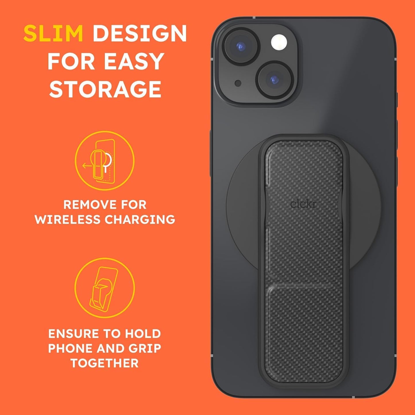 CLCKR for Magsafe Phone Grip, Magnetic Kickstand, 3-in-1 Cell Phone Finger Loop Strap for Mag Safe Case, Ring Holder for iPhone 17/16/15/14/13/12, Samsung Galaxy, Motorola, Pixel Pro & More - Carbon