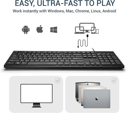 Computer Keyboard Wired, Plug Play USB Keyboard, Low Profile Chiclet Keys, Large Number Pad, Caps Indicators, Foldable Stands, Spill-Resistant, Anti-Wear Letters for PC Laptop (Black, 1-Pack)