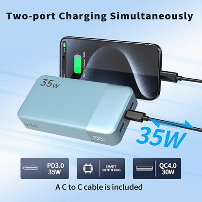 NOBIS Portable Charger, 20000mAh Power Bank, 35W Power Bank Fast Charging, Battery Pack with C to C Cable, Battery Bank with Digital Display for Phone Android etc