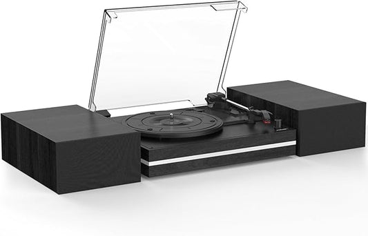 Vinyl Record Player with Dual Separate Stereo Speakers Vintage Turntable with BT Wireless Input Playback Belt Drive 3 Speed 3 Size Playback Record Player Support AUX Headphone Input RCA Out Auto Stop