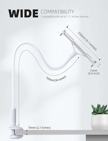 Lamicall Gooseneck Tablet Mount Holder for Bed Flexible Tablet Arm Clamp for Bed Compatible with Pad Pro 10.5, Air 9.7, Mini 7.9, Galaxy Tabs, Switch, More 4.7-11" Device - White
