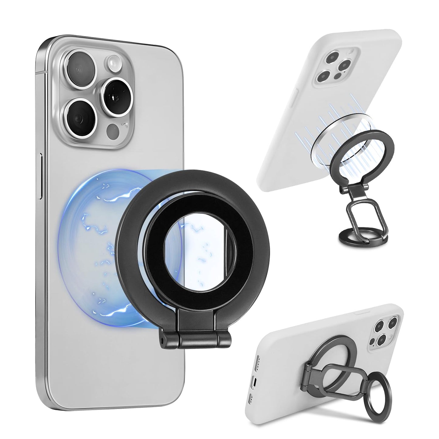 Magnetic Ring Holder Grip, Adjustable Magnet Phone Ring Stand, Multi-Angle Stability Kickstand, Strong Double Sided Magnetic Phone Grip, with Magnet Ring for Phone Case, Black