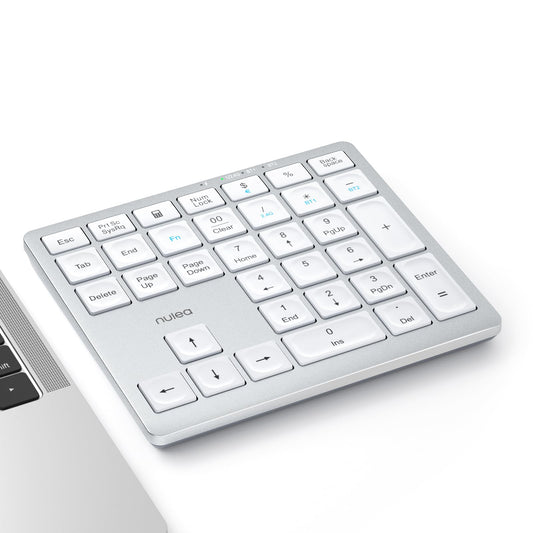 Nulea Wireless Number Pad Bluetooth 5.0 & 2.4G Portable Numeric Keyboard, USB-C Rechargeable, 34-Keys Bluetooth Keyboard for Data Entry (Silvery White)