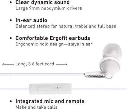 Panasonic ErgoFit Wired Earbuds With Microphone, 3.5mm Jack Wired Headphones with Mic and Call Controller, Ergonomic Custom-Fit Earpieces (S/M/L), for Phones and Laptops - RP-TCM125-W (White)