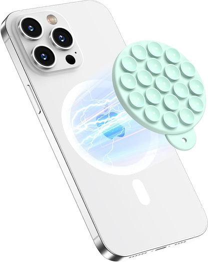 Magnetic Suction Cup Phone Mount for MagSafe Case, Silicone Hands-Free Phone Grip Holder for iPhone and Android, Mirror Shower Phone Stand for Makeup FaceTime Gym Kitchen Bathroom, Mint Green