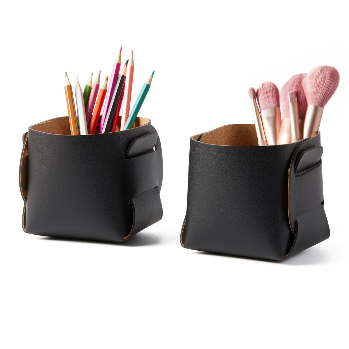 HOMIEAZICOZI 2-Pack Cork Leather Desk Accessories Storage - Pencil Pen Holder - Makeup Brush Holder Organizer - Stylish Addition to Home Decor (Light Green)