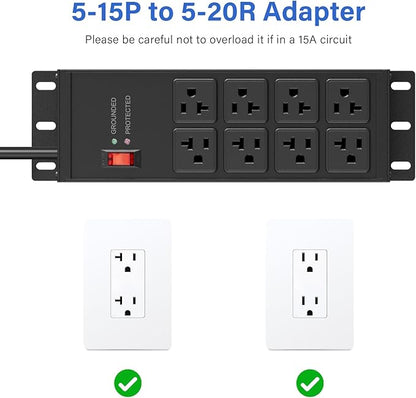 CCCEI Black Heavy Duty Power Strip Surge Protector 20 AMP, 8 Outlets 12 Gauge Industrial Shop Garage Metal Multiple Outlets, 20 FT Extension Cord 5-15P Adapter High Amp 6-20R T-Slot 20a for Appliance