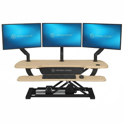 VERSADESK PowerPro 40 Inch Electric Standing Desk Converter – Push-Button Height Adjustable Sit to Stand Desk Riser for Triple Monitors & Laptop – Motorized Desktop Workstation with Wide Keyboard Tray