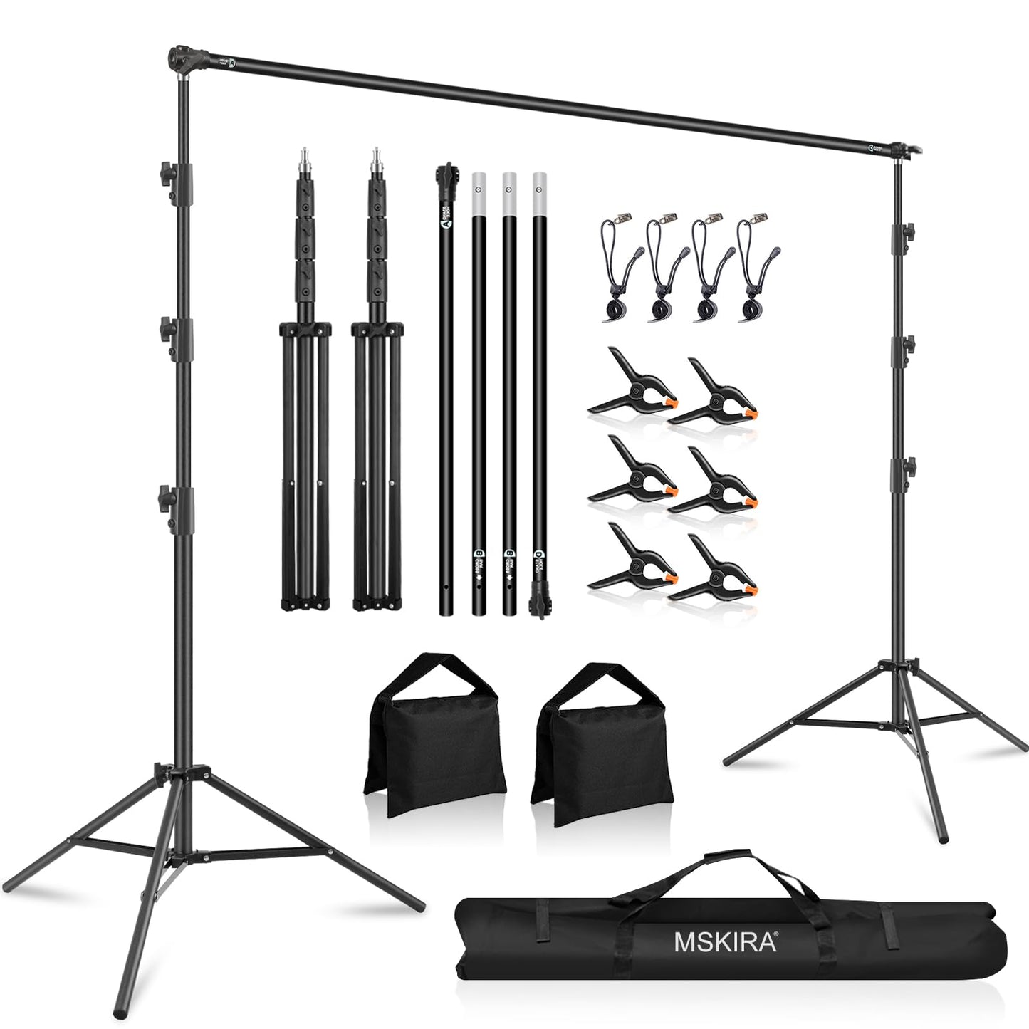 10.2x10Ft Heavy Duty Backdrop Stand, MSKIRA Adjustable Backdrop Support System Kit, Photoshoot Background Stand for Parties, Advertising Display with 6 Clamps, 4 Clips, 2 Sandbags, Carry Bag