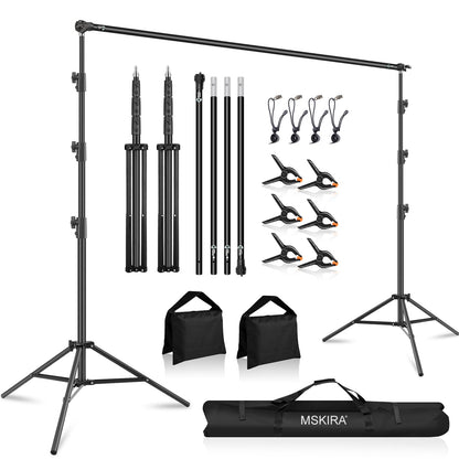 10.2x10Ft Heavy Duty Backdrop Stand, MSKIRA Adjustable Backdrop Support System Kit, Photoshoot Background Stand for Parties, Advertising Display with 6 Clamps, 4 Clips, 2 Sandbags, Carry Bag