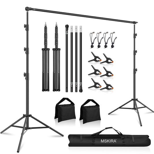 10.2x10Ft Heavy Duty Backdrop Stand, MSKIRA Adjustable Backdrop Support System Kit, Photoshoot Background Stand for Parties, Advertising Display with 6 Clamps, 4 Clips, 2 Sandbags, Carry Bag