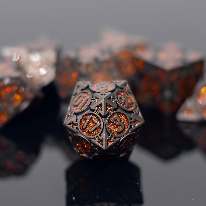 Orange Black Nickel Finish Heavy Metal DND Dice Set (Bard) with A Metal Box, Sharp Edge Zinc Alloy D&D Accessories, D4-D20, Designed for Dungeons & Dragons Master, RPG Player, Starter