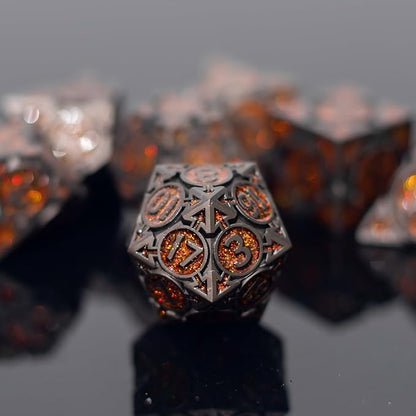 Orange Black Nickel Finish Heavy Metal DND Dice Set (Bard) with A Metal Box, Sharp Edge Zinc Alloy D&D Accessories, D4-D20, Designed for Dungeons & Dragons Master, RPG Player, Starter