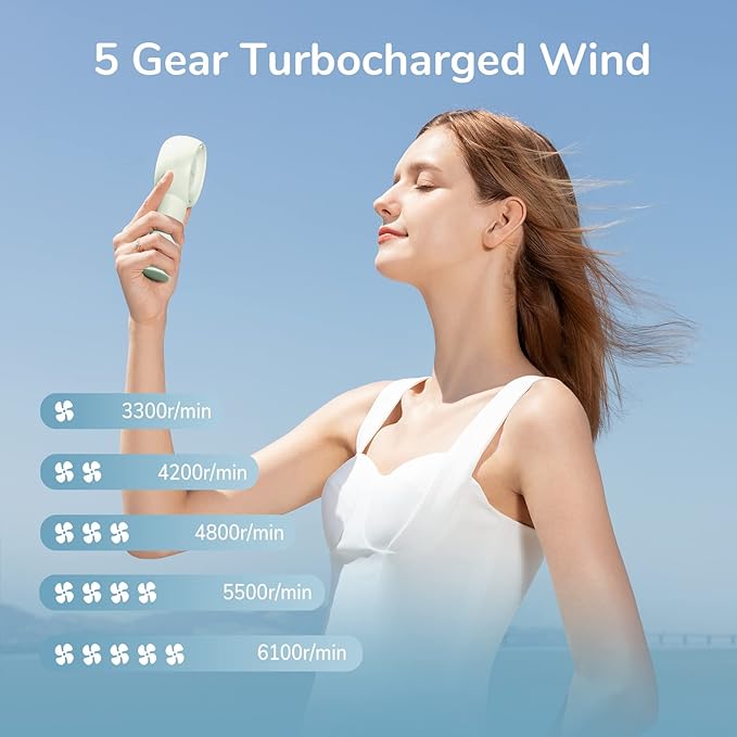 JISULIFE Portable Handheld Turbo Fan [16H Max Cooling Time], 4000mAh USB Rechargeable Personal Battery Operated Lash Small Pocket Fan with 5 Speeds for Travel/Outdoor/Vacation/Concerts - Green