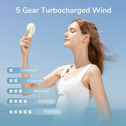 JISULIFE Portable Handheld Turbo Fan [16H Max Cooling Time], 4000mAh USB Rechargeable Personal Battery Operated Lash Small Pocket Fan with 5 Speeds for Travel/Outdoor/Vacation/Concerts - Green