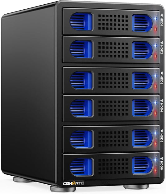 CENMATE Aluminum 6 Bay 10Gbps HDD Enclosure with Cooling Fan for 2.5“/3.5" SATA HDD/SSD with USB A/C 3.2 Gen 2, Support Hot Swappable, Tool-Free Hard Drive Enclosure