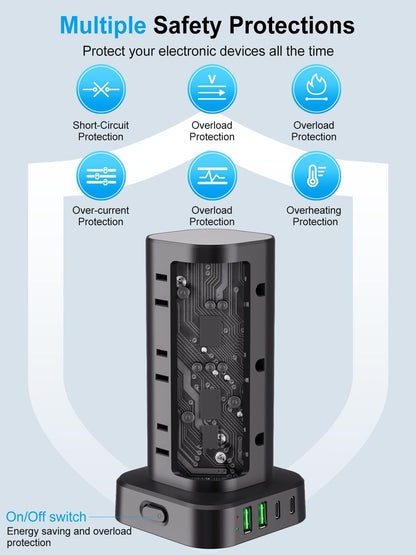 Power Strip Tower with Multiple Outlets, Flat Plug Surge Protector Tower Extension Cord with 12 AC Outlets 4 USB Ports (2 USB C), 15FT Cord Power Tower Surge Protector for Home Office Dorm Room, Black