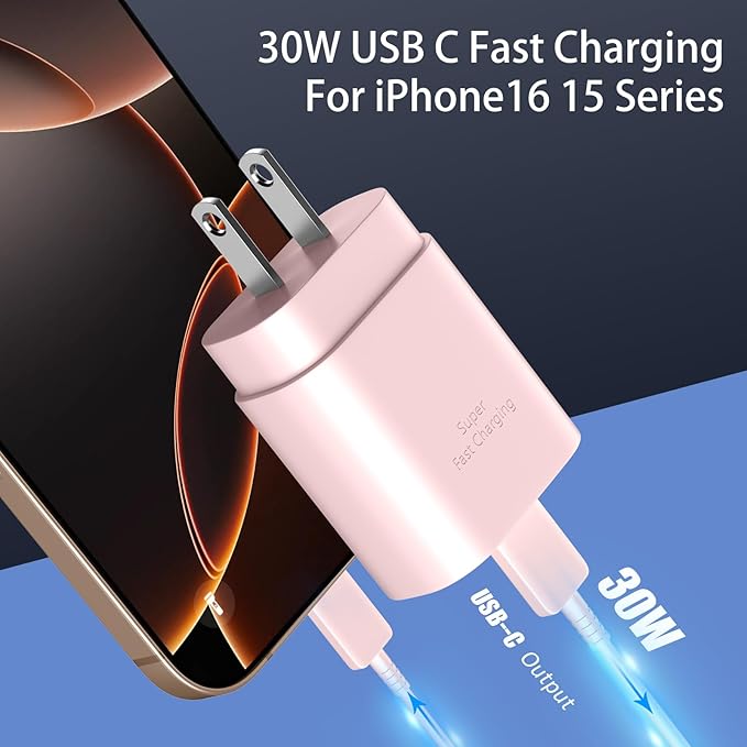 Phone 17 16 15 Charger Fast Charging,30W USB C Phone 17 16 15 Pro Max Charger Block &6.6FT Long Type C Cable Cord for i.Phone 17/Air/17 Pro/17 Pro Max/16/16 Plus/16 Pro/16 Pro Max/15/15 Pro Max,Pink