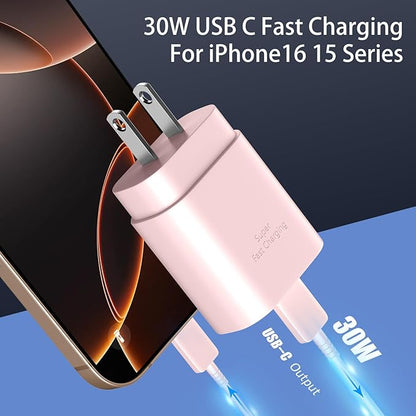 Phone 17 16 15 Charger Fast Charging,30W USB C Phone 17 16 15 Pro Max Charger Block &6.6FT Long Type C Cable Cord for i.Phone 17/Air/17 Pro/17 Pro Max/16/16 Plus/16 Pro/16 Pro Max/15/15 Pro Max,Pink