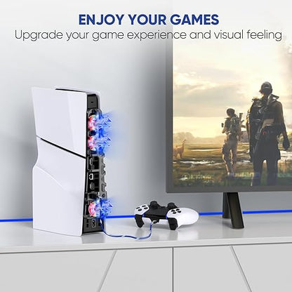RGB PS5 Slim Light Cooling Fan, Temperature Controlled Fan Speed, Smart Memory Start-Stop Function, USB 3.0 Hub, Efficient Quiet Fan for PS 5 Slim Disc & Digital