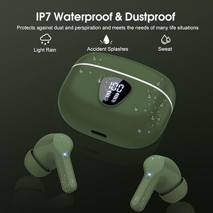 Wireless Earbuds, Bluetooth 5.4 Headphones HiFi Stereo, Bluetooth Earbuds with ENC Noise Cancelling Mic, IP7 Waterproof in Ear Earphones, 48H, LED Display Ear buds for Pad Workout Sports, Retro Green