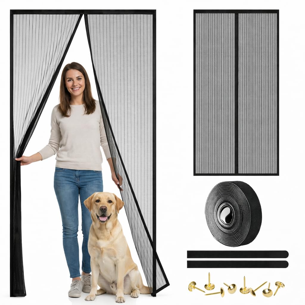 Magnetic Screen Door - Self Sealing, Heavy Duty, Hands Free Mesh Partition Keeps Bugs Out Let Breeze in- Pet and Kid Friendly - Keep Open Feature (Black, Fit Door Size 32 x 80 Inch)