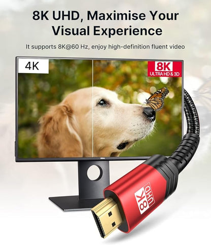 JSAUX 8K Long HDMI Cable 25ft 2-Pack, 48Gbps High Speed HDMI 2.1 Cord, 4K 120Hz/144Hz, 8K@60Hz, Dynamic HDR, DTS:X, 2K, 1080P, 3D, eARC Compatible with Laptop UHD TV Gaming Monitor PS5 PS4 -Red