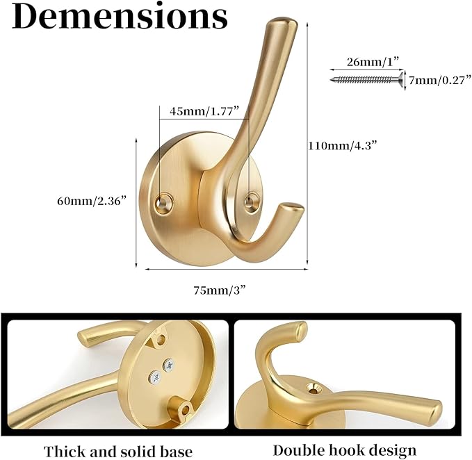 4 Packs Gold Coat Hooks, Silver Robe Hook, Decorative Towel Hooks, Heavy Duty Double Prong Wall Hooks, Metal Closet Hooks, Hat Hooks for Hanging for Bathroom, Kitchen and Office