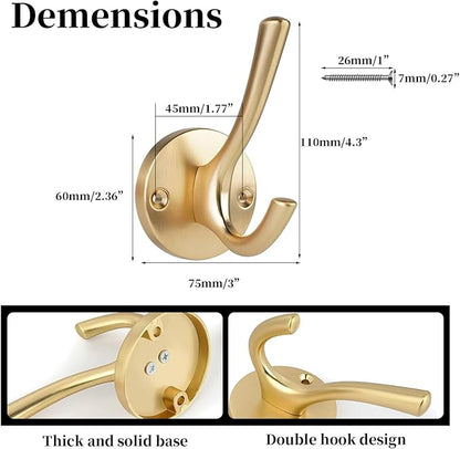 4 Packs Gold Coat Hooks, Silver Robe Hook, Decorative Towel Hooks, Heavy Duty Double Prong Wall Hooks, Metal Closet Hooks, Hat Hooks for Hanging for Bathroom, Kitchen and Office