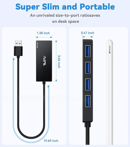 USB 3.0 Hub,4 Port USB Splitter Extender Portable Adapter Multiport Data Hub for Laptop,Xbox, Flash Drive,HDD,Console,Camera,Keyborad,Mouse Windows,Mac OS PC,Not Designed to Charge Devices-Black