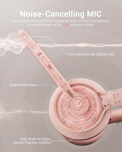Wireless Headset with AI Noise Cancelling Microphone Bluetooth Headset - Bluetooth V5.2 Headphones with USB Dongle & Mic Mute for Computer/Laptop/PC/iPhone/Android/Cell Phones (Pink)