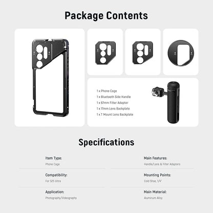 NEEWER S25 Ultra Phone Cage, PA082 Mobile Video Rig Phone Stabilizer for Video Recording with PA045E Bluetooth Side Handle, 67mm Filter Adapter, 17mm Lens Backplate & T Mount Compatible with Moment