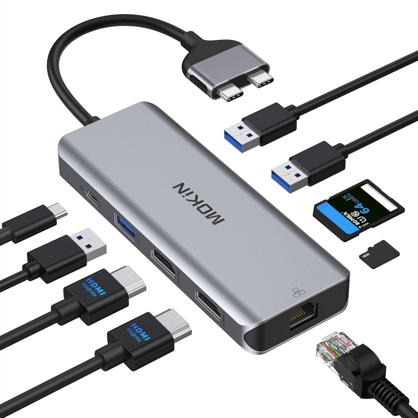 MacBook Pro Docking Station Dual Monitor MacBook Pro HDMI Adapter, 9 in 1 USB C Adapters for MacBook Pro Air Mac HDMI Dock Dongle Dual USB C to Dual HDMI Ethernet 3USB SD Card Reader 100W PD