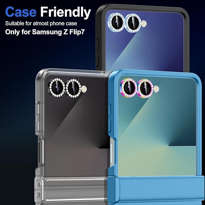 for Samsung Galaxy Z Flip 7 Camera Lens Protector, Individual Metal Ring Tempered Glass Lens Cover, [Strong Adsorption] Scratch Resistant Ultra-Thin HD Clear Lens Cover, 1 Set-Colorful Diamond