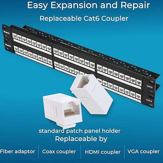 Rapink 48 Port Cat6 Patch Panel with White Inline Keystone, 10G Support, Pass-Thru Coupler, 1U Network Patch Panel for Cat6, Cat5e, Cat5 Cabling