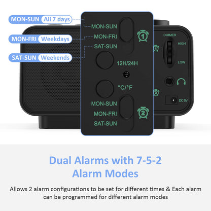 uscce Digital Dual Alarm Clock Radio for Bedrooms with 0-100% Dimmer