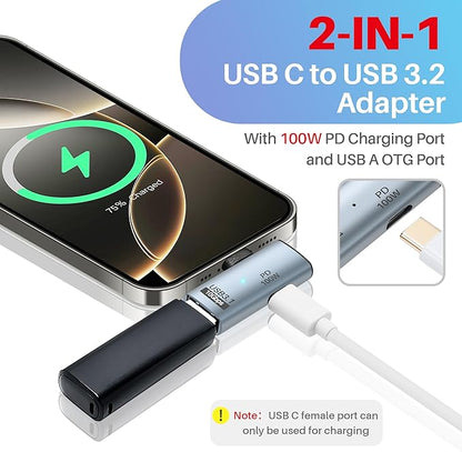 2-in-1 USB C 3.1 to USB 3.0 10Gbps Adapter with 100W Charging Port, USB Female to USB Type-C Male OTG (On The Go) Data Transfer Converter for iPhone 16/15 Series, MacBook, iPad-2Pack